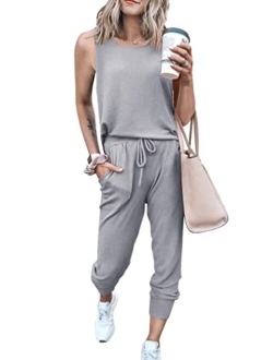 Womens Two Piece Outfit Sleeveless Crewneck Tops With Sweatpants Active Tracksuit Lounge Wear