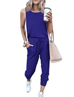 Womens Two Piece Outfit Sleeveless Crewneck Tops With Sweatpants Active Tracksuit Lounge Wear