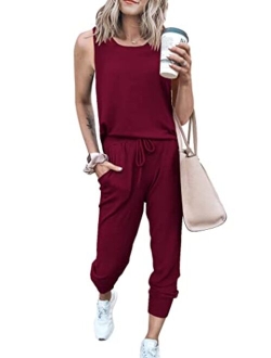 Womens Two Piece Outfit Sleeveless Crewneck Tops With Sweatpants Active Tracksuit Lounge Wear