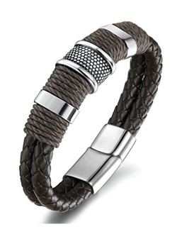 FIBO STEEL Stainless Steel Braided Leather Bracelet for Men Cuff Bracelet Magnetic Clasp 7.5-8.5 inches