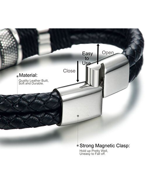 FIBO STEEL Stainless Steel Braided Leather Bracelet for Men Cuff Bracelet Magnetic Clasp 7.5-8.5 inches