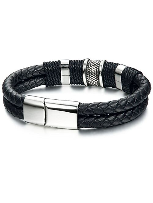 FIBO STEEL Stainless Steel Braided Leather Bracelet for Men Cuff Bracelet Magnetic Clasp 7.5-8.5 inches