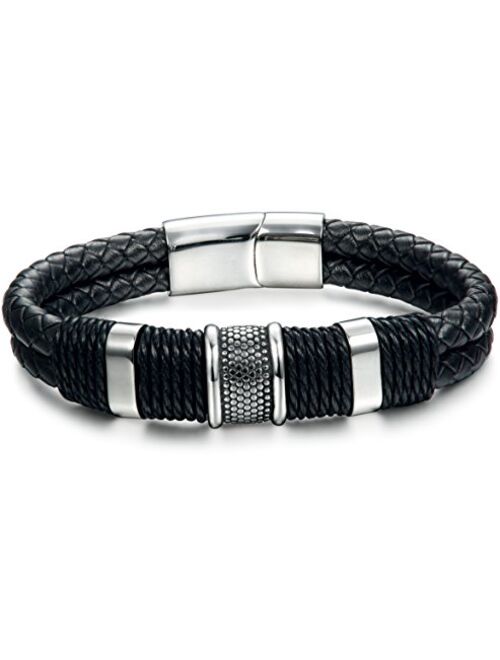 FIBO STEEL Stainless Steel Braided Leather Bracelet for Men Cuff Bracelet Magnetic Clasp 7.5-8.5 inches