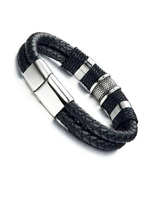 FIBO STEEL Stainless Steel Braided Leather Bracelet for Men Cuff Bracelet Magnetic Clasp 7.5-8.5 inches