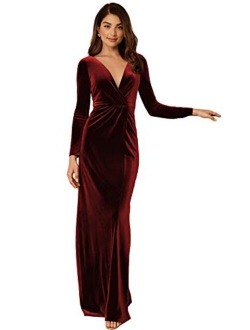 Lover Kiss Women Long Sleeve Velvet Prom Dresses Open Back V-Neck Illusion Formal Evening Party Gown