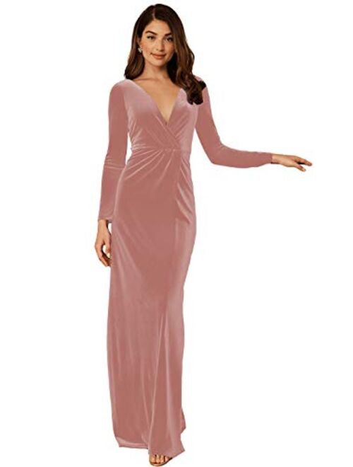 Lover Kiss Women Long Sleeve Velvet Prom Dresses Open Back V-Neck Illusion Formal Evening Party Gown