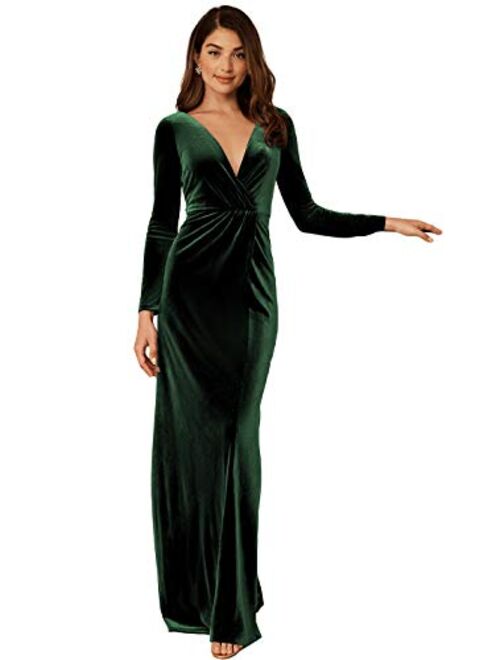 Lover Kiss Women Long Sleeve Velvet Prom Dresses Open Back V-Neck Illusion Formal Evening Party Gown