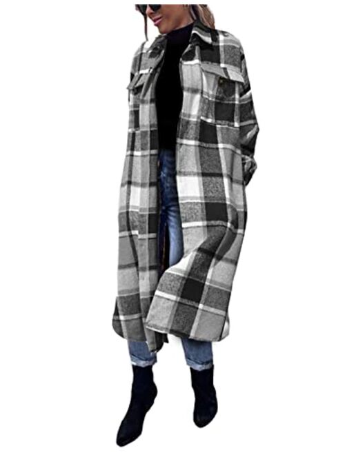 Omoone Women's Oversized Mid Long Woolen Flannel Shirt Jacket