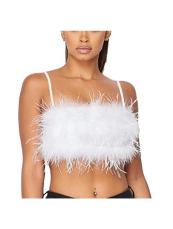 Anljed Women Rave Festival Feather Crop Tops Faux Fur Spaghetti Straps Tube Top for Concert Club Party