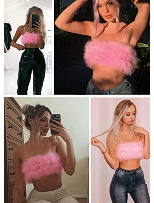 Anljed Women Rave Festival Feather Crop Tops Faux Fur Spaghetti Straps Tube Top for Concert Club Party