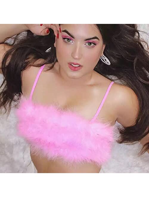 Anljed Women Rave Festival Feather Crop Tops Faux Fur Spaghetti Straps Tube Top for Concert Club Party