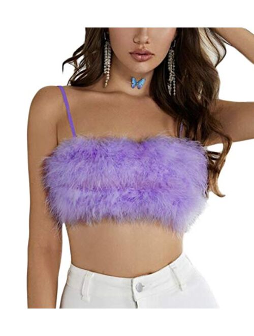 Anljed Women Rave Festival Feather Crop Tops Faux Fur Spaghetti Straps Tube Top for Concert Club Party