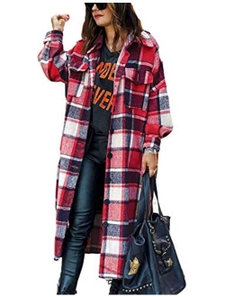 Omoone Women's Oversized Mid Long Flannel Shirt Jacket Shacket