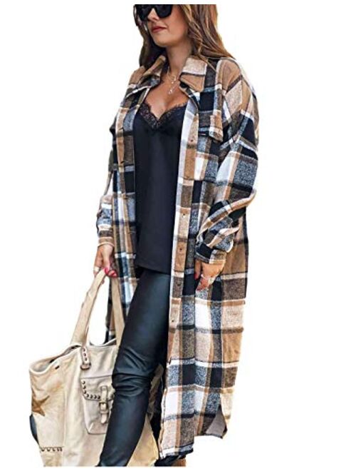 Omoone Women's Oversized Mid Long Flannel Shirt Jacket Shacket