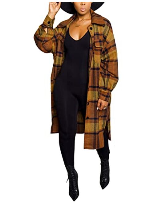 Omoone Women's Oversized Mid Long Flannel Shirt Jacket Shacket