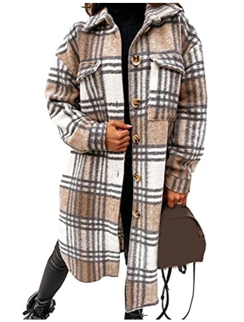 Omoone Women's Classic Flannel Oversized Mid Long Shacket Jacket with Pockets