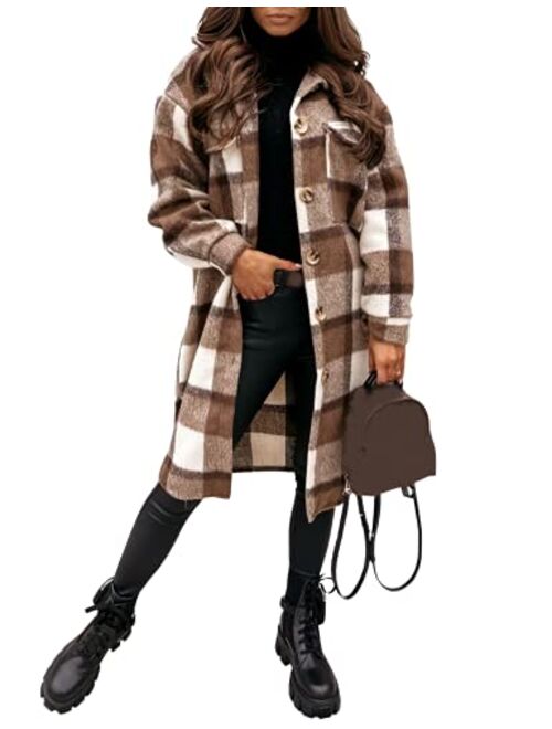 Omoone Women's Classic Flannel Oversized Mid Long Shacket Jacket with Pockets