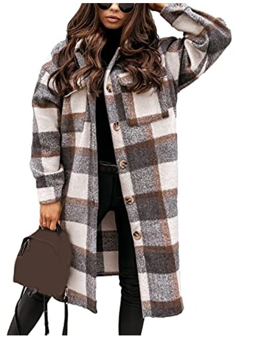 Omoone Women's Classic Flannel Oversized Mid Long Shacket Jacket with Pockets