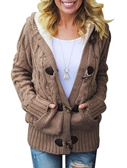 Womens Hooded Cardigans Button Up Cable Knit Sweater Coat Outerwear with Pockets