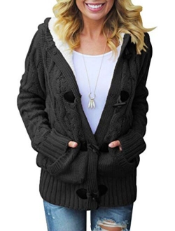 Womens Hooded Cardigans Button Up Cable Knit Sweater Coat Outerwear with Pockets
