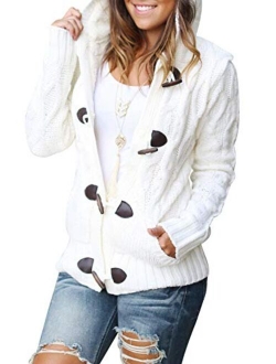 Womens Hooded Cardigans Button Up Cable Knit Sweater Coat Outerwear with Pockets