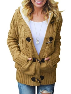 Womens Hooded Cardigans Button Up Cable Knit Sweater Coat Outerwear with Pockets