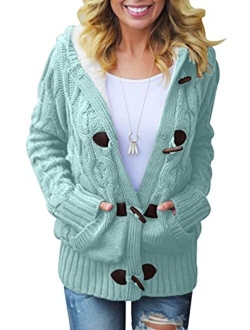 Womens Hooded Cardigans Button Up Cable Knit Sweater Coat Outerwear with Pockets