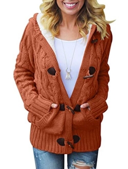 Womens Hooded Cardigans Button Up Cable Knit Sweater Coat Outerwear with Pockets