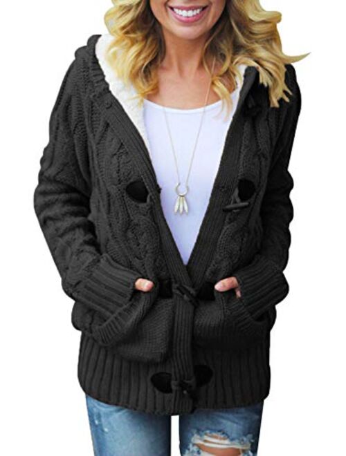 Dokotoo Womens Hooded Cardigans Button Up Cable Knit Sweater Coat Outerwear with Pockets