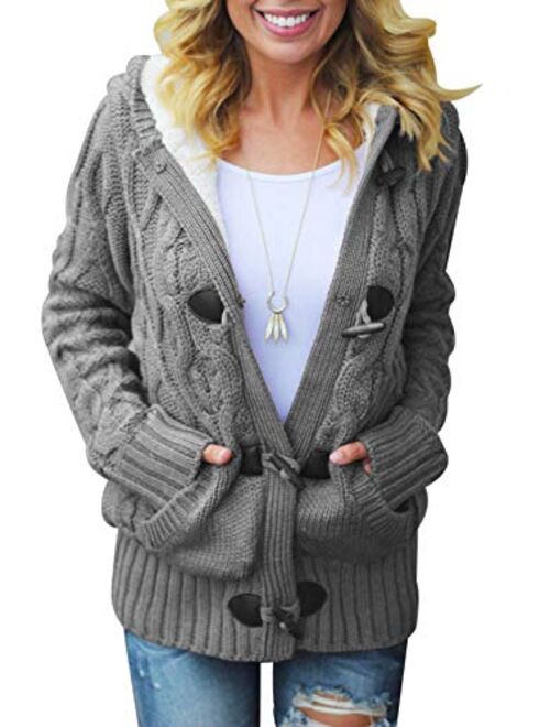 Dokotoo Womens Hooded Cardigans Button Up Cable Knit Sweater Coat Outerwear with Pockets