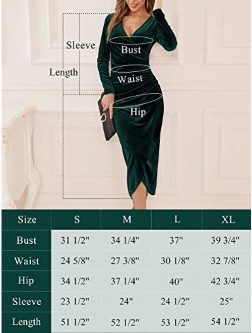 DIRASS Women's Elegant Velvet Long Sleeve Wrap V Neck Ruched Bodycon Cocktail Party Maxi Dress