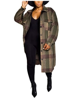 Omoone Women's Oversized Mid Long Wool Flannel Shirt Jacket