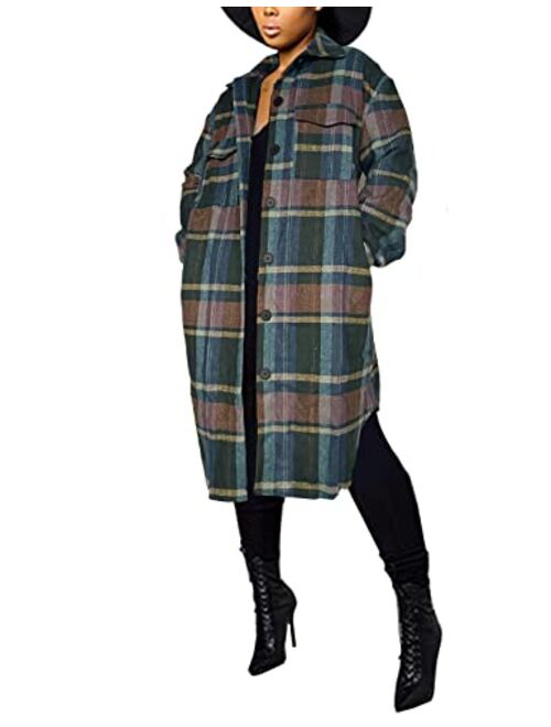 Omoone Women's Oversized Mid Long Wool Flannel Shirt Jacket