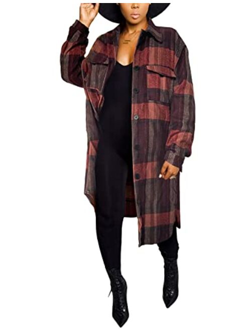 Omoone Women's Oversized Mid Long Wool Flannel Shirt Jacket