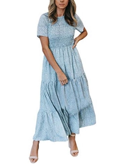 Zattcas Women Smocked Fitted Casual Short Sleeve Bohemian Floral Tiered Maxi Dress