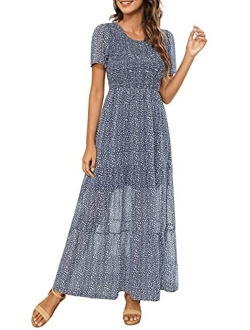 Zattcas Women Smocked Fitted Casual Short Sleeve Bohemian Floral Tiered Maxi Dress