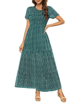 Zattcas Women Smocked Fitted Casual Short Sleeve Bohemian Floral Tiered Maxi Dress