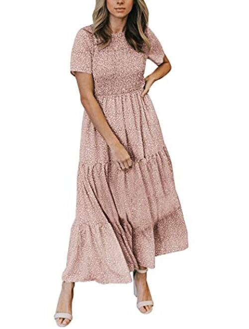 Zattcas Women Smocked Fitted Casual Short Sleeve Bohemian Floral Tiered Maxi Dress