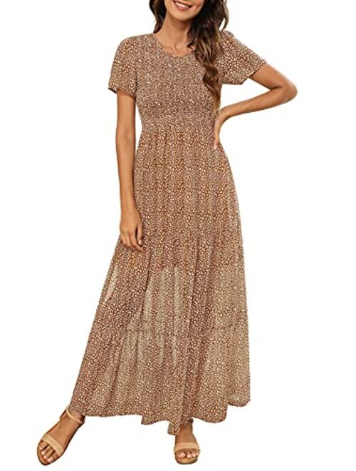 Zattcas Women Smocked Fitted Casual Short Sleeve Bohemian Floral Tiered Maxi Dress