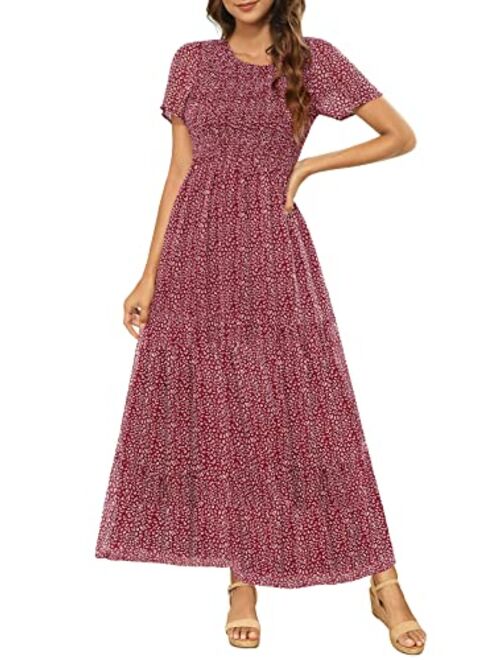 Zattcas Women Smocked Fitted Casual Short Sleeve Bohemian Floral Tiered Maxi Dress