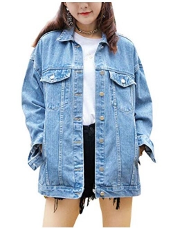 Omoone Women's Oversized Mid Long Denim Jacket Jean Biker Coat