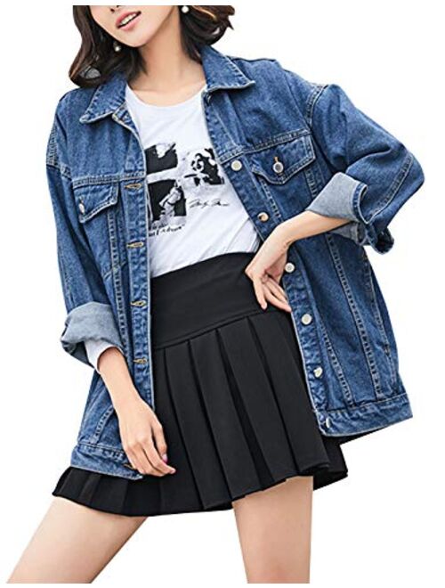 Omoone Women's Oversized Mid Long Denim Jacket Jean Biker Coat