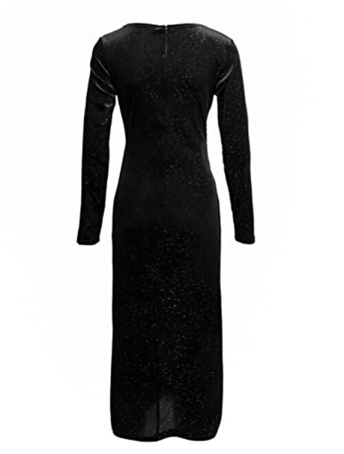 ZRSGXG Women Glittering Velvet Long Sleeve Hip Wrap V-Neck Split Cocktail Dress