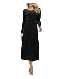 JULYER Women's Elegant Long Winter Dress Crew Neck Stretchy Long Sleeve Velvet Dress