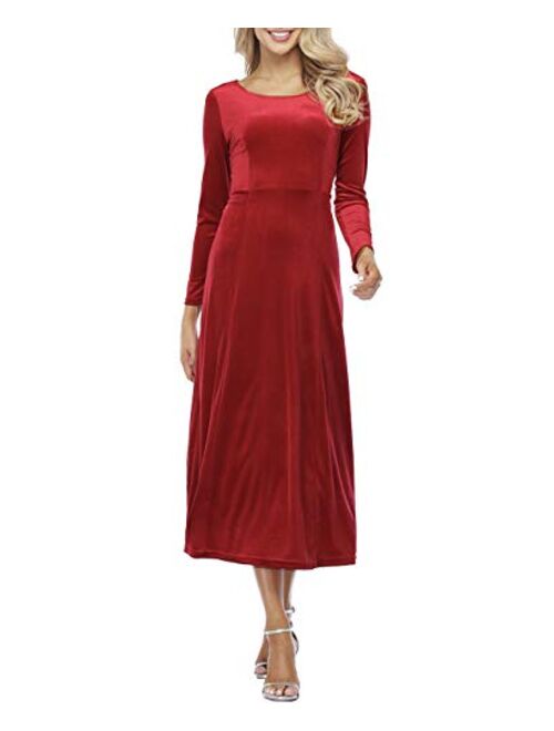 JULYER Women's Elegant Long Winter Dress Crew Neck Stretchy Long Sleeve Velvet Dress