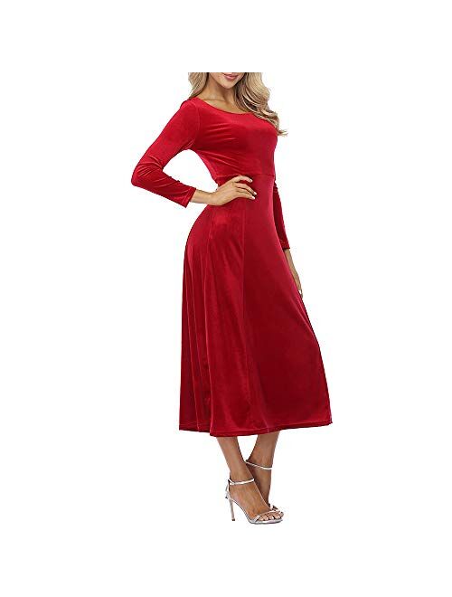 JULYER Women's Elegant Long Winter Dress Crew Neck Stretchy Long Sleeve Velvet Dress