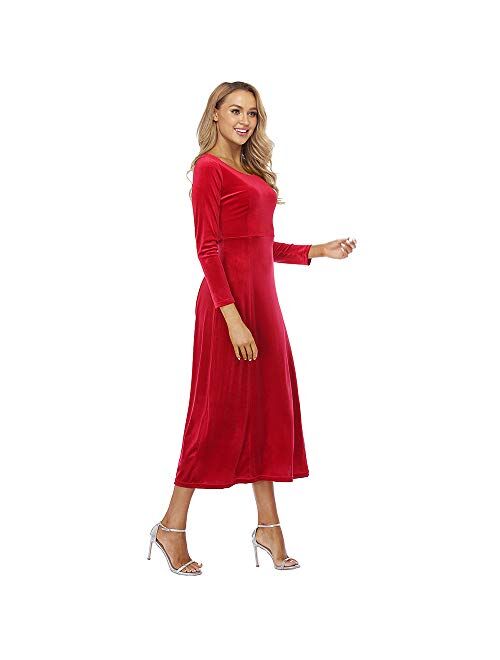 JULYER Women's Elegant Long Winter Dress Crew Neck Stretchy Long Sleeve Velvet Dress