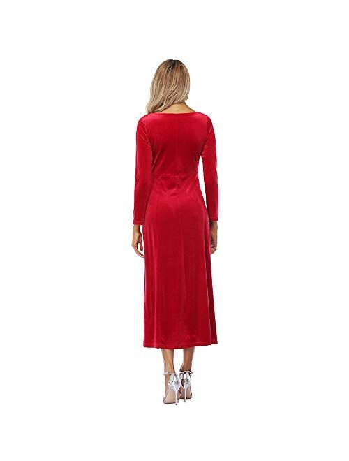 JULYER Women's Elegant Long Winter Dress Crew Neck Stretchy Long Sleeve Velvet Dress