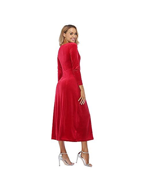 JULYER Women's Elegant Long Winter Dress Crew Neck Stretchy Long Sleeve Velvet Dress