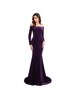 SSPBridal Off Shoulder Velvet Prom Dresses Mermaid Long Sleeves Formal Evening Party Gowns with Court Train pp123